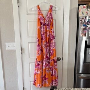 Anthropologie Vibrant Floral Maxi Dress in Orange and Pink with pockets lined